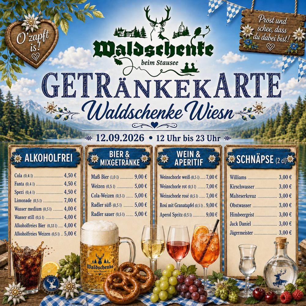 Getränkekarte der Waldschenke Wiesn mit allen Preisen